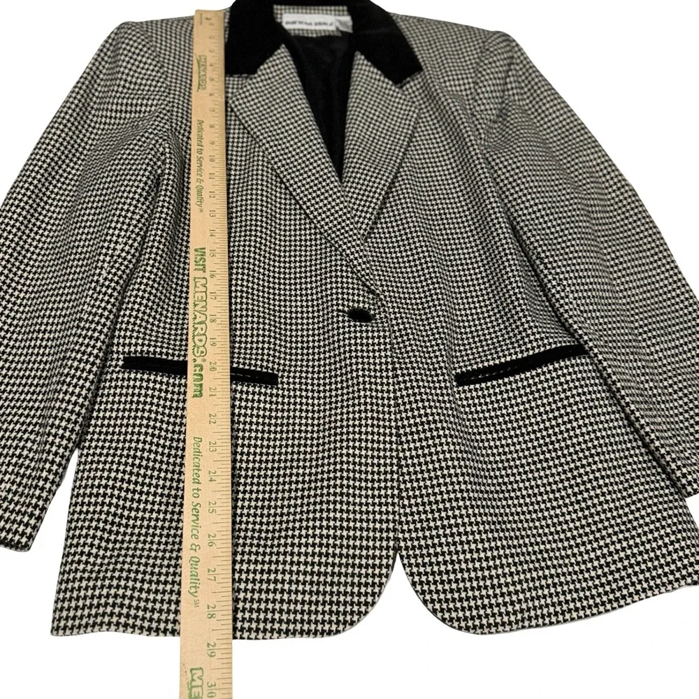 Y2K Parsons Place Vtg Houndstooth Blazer Black White Velvet Collar Wool Blend 12 - Picture 2 of 5